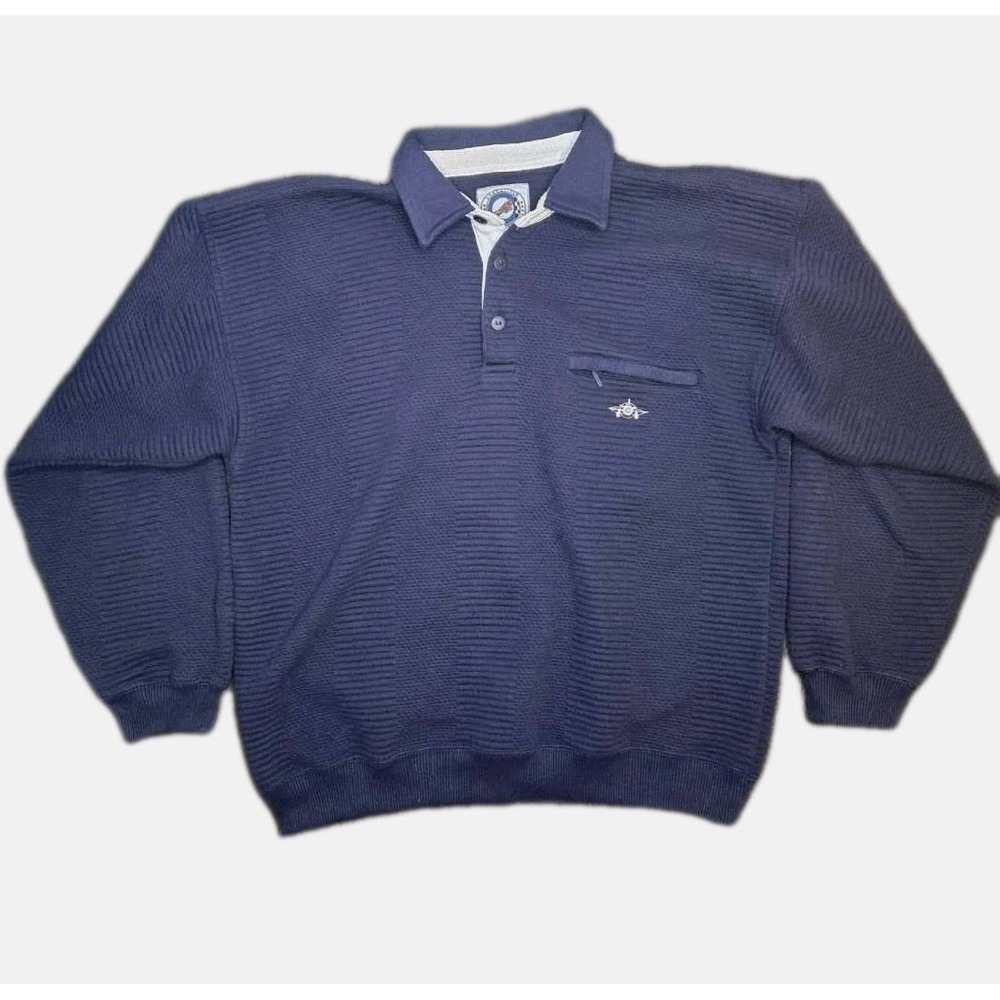 Vintage 80's Polo Sweatshirt Navy Blue M Greenline International Airplane Logo